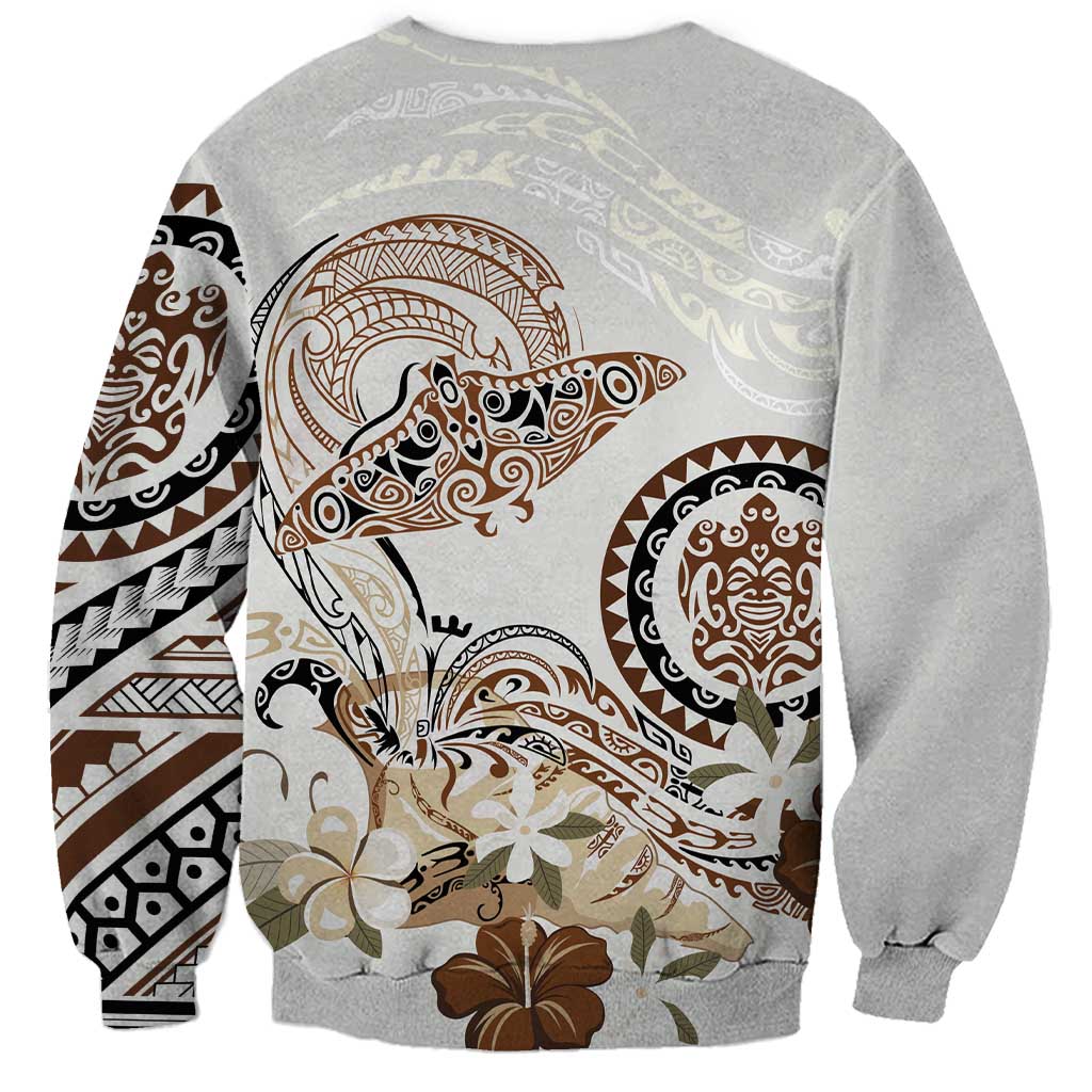 Polynesian Manta Ray Sweatshirt Beige Floral Turtle Tattoo - Polynesian Pride