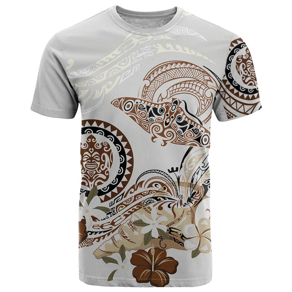 Polynesian Manta Ray T Shirt Beige Floral Turtle Tattoo - Polynesian Pride