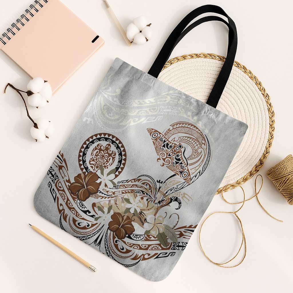 Polynesian Manta Ray Tote Bag Beige Floral Turtle Tattoo - Polynesian Pride
