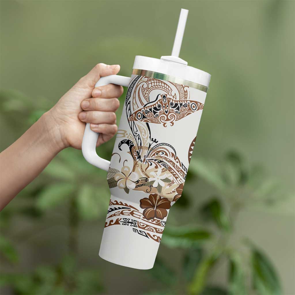 Polynesian Manta Ray Tumbler With Handle Beige Floral Turtle Tattoo - Polynesian Pride