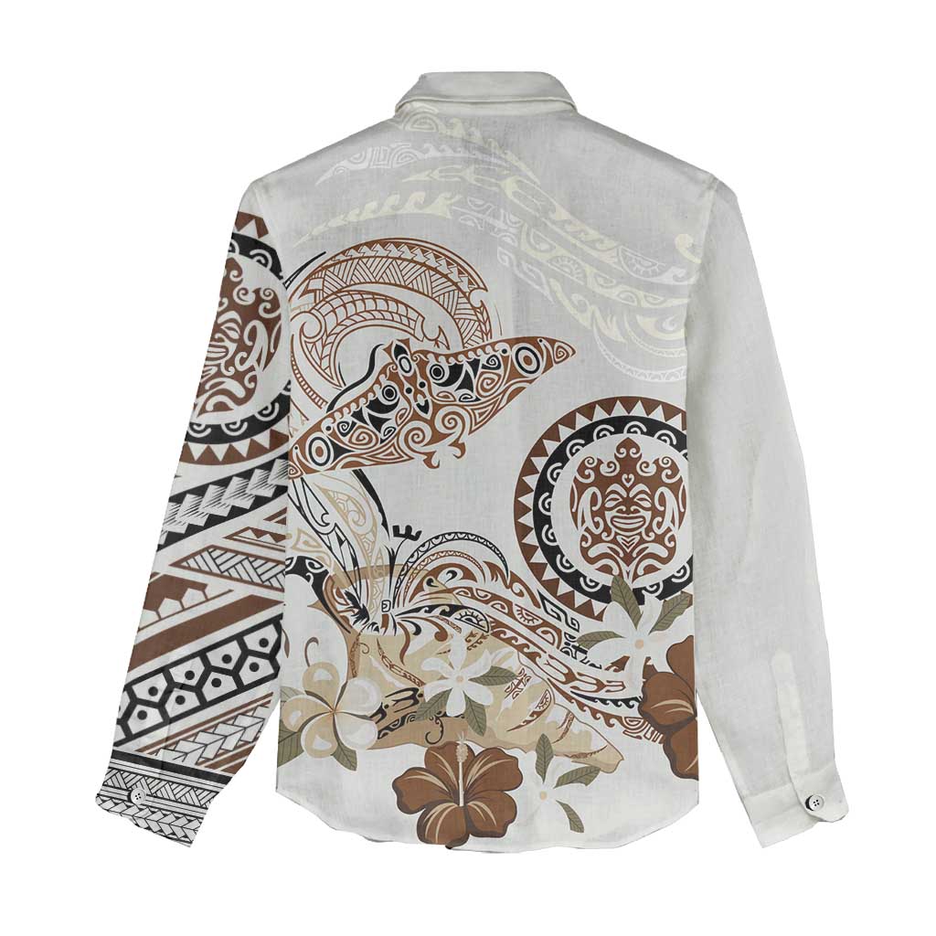 Polynesian Manta Ray Women Casual Shirt Beige Floral Turtle Tattoo - Polynesian Pride