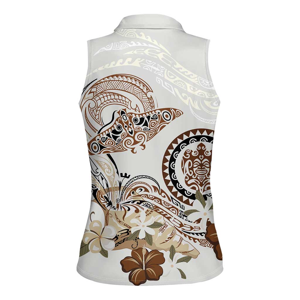 Polynesian Manta Ray Women Sleeveless Polo Shirt Beige Floral Turtle Tattoo - Polynesian Pride
