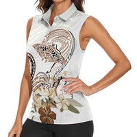 Polynesian Manta Ray Women Sleeveless Polo Shirt Beige Floral Turtle Tattoo - Polynesian Pride