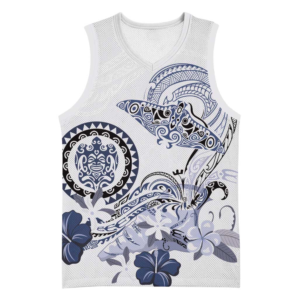 Polynesian Manta Ray Basketball Jersey Blue Floral Turtle Tattoo - Polynesian Pride