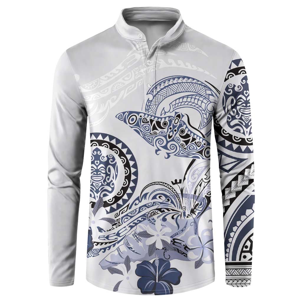 Polynesian Manta Ray Button Sweatshirt Blue Floral Turtle Tattoo - Polynesian Pride