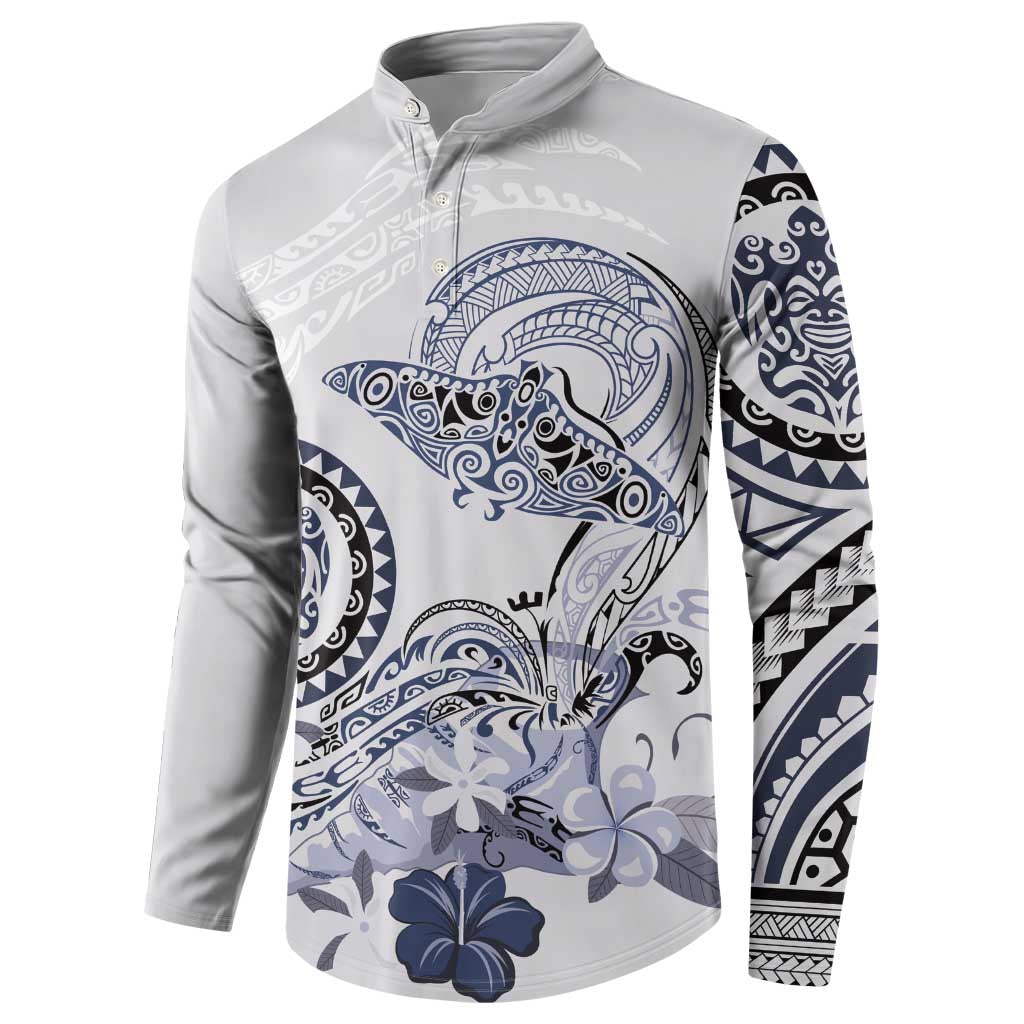 Polynesian Manta Ray Button Sweatshirt Blue Floral Turtle Tattoo - Polynesian Pride