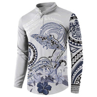 Polynesian Manta Ray Button Sweatshirt Blue Floral Turtle Tattoo - Polynesian Pride