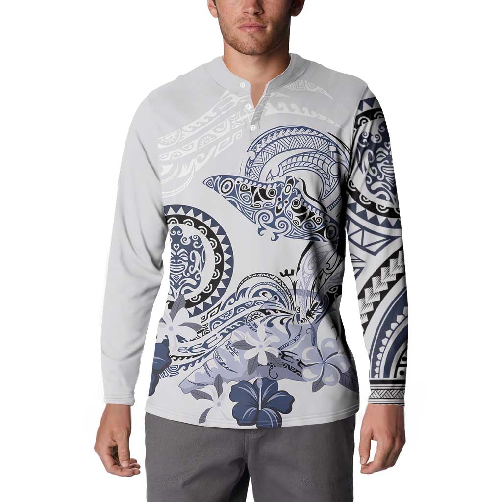 Polynesian Manta Ray Button Sweatshirt Blue Floral Turtle Tattoo - Polynesian Pride