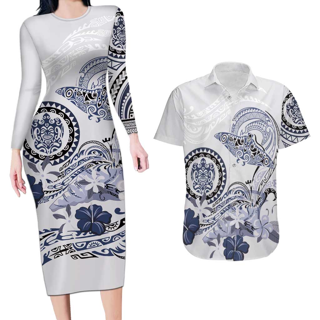 Polynesian Manta Ray Couples Matching Long Sleeve Bodycon Dress and Hawaiian Shirt Blue Floral Turtle Tattoo - Polynesian Pride