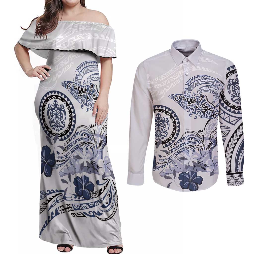 Polynesian Manta Ray Couples Matching Off Shoulder Maxi Dress and Long Sleeve Button Shirt Blue Floral Turtle Tattoo - Polynesian Pride