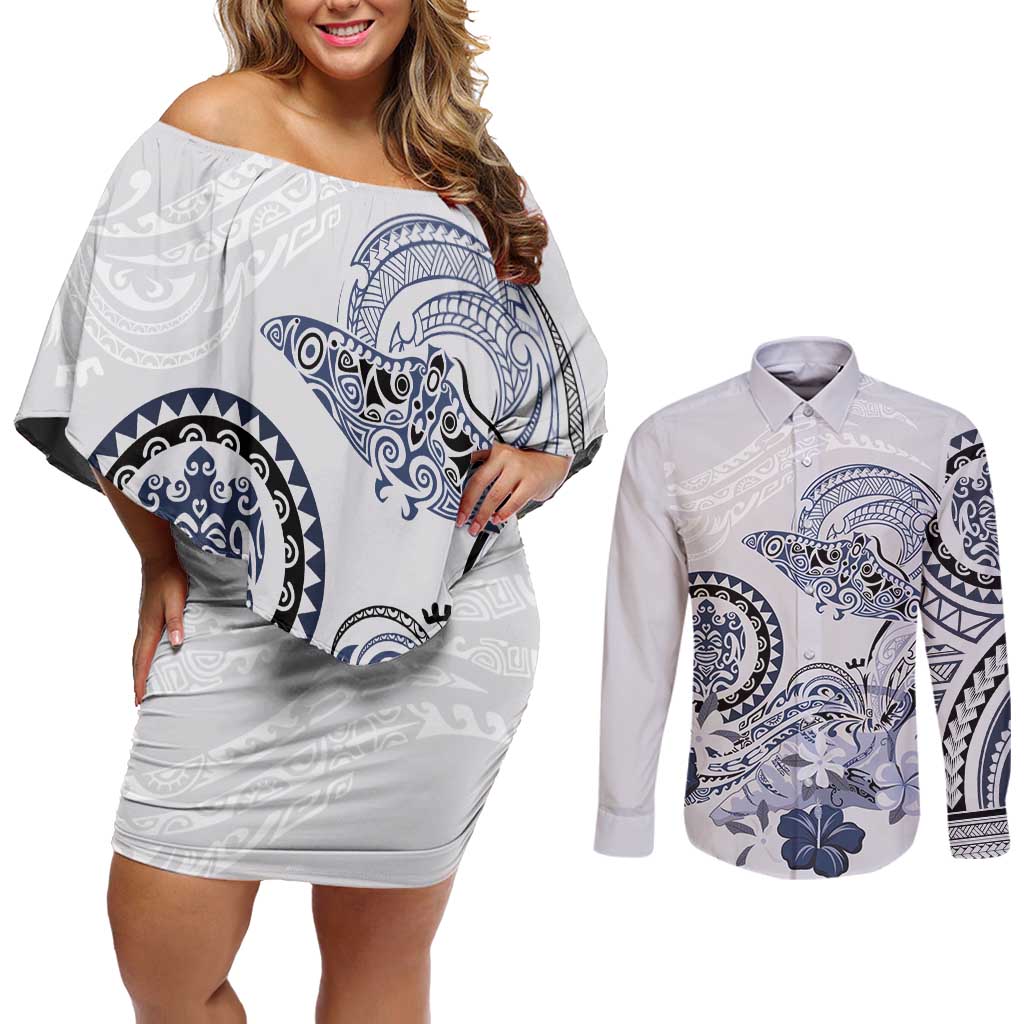 Polynesian Manta Ray Couples Matching Off Shoulder Short Dress and Long Sleeve Button Shirt Blue Floral Turtle Tattoo - Polynesian Pride
