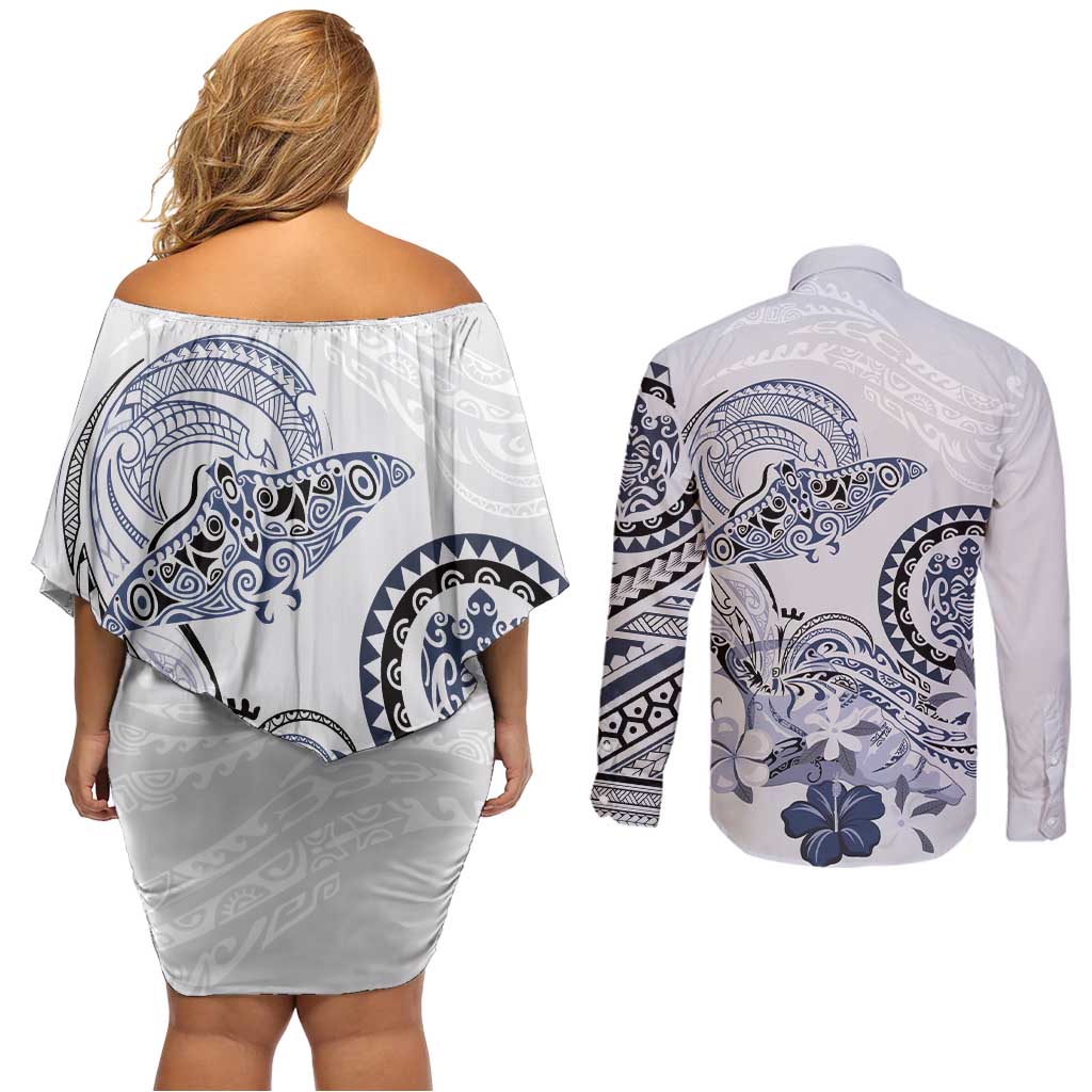 Polynesian Manta Ray Couples Matching Off Shoulder Short Dress and Long Sleeve Button Shirt Blue Floral Turtle Tattoo - Polynesian Pride