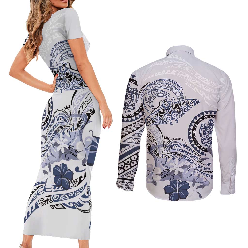 Polynesian Manta Ray Couples Matching Short Sleeve Bodycon Dress and Long Sleeve Button Shirt Blue Floral Turtle Tattoo - Polynesian Pride