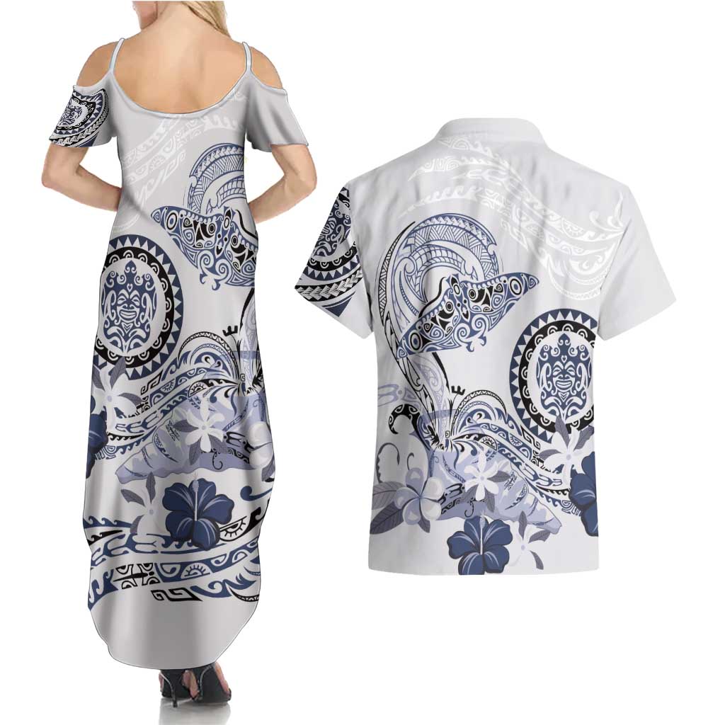 Polynesian Manta Ray Couples Matching Summer Maxi Dress and Hawaiian Shirt Blue Floral Turtle Tattoo - Polynesian Pride