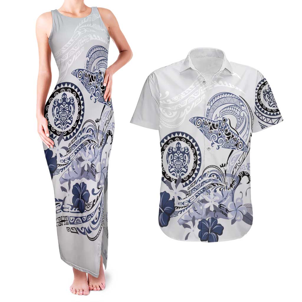 Polynesian Manta Ray Couples Matching Tank Maxi Dress and Hawaiian Shirt Blue Floral Turtle Tattoo - Polynesian Pride