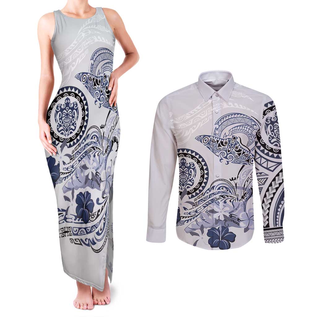 Polynesian Manta Ray Couples Matching Tank Maxi Dress and Long Sleeve Button Shirt Blue Floral Turtle Tattoo - Polynesian Pride