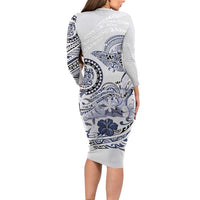 Polynesian Manta Ray Family Matching Long Sleeve Bodycon Dress and Hawaiian Shirt Blue Floral Turtle Tattoo - Polynesian Pride