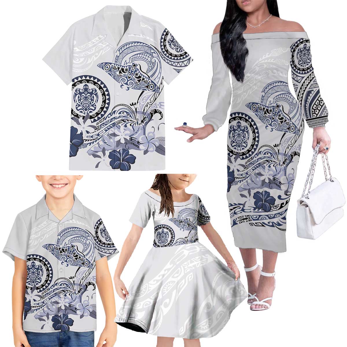 Polynesian Manta Ray Family Matching Off The Shoulder Long Sleeve Dress and Hawaiian Shirt Blue Floral Turtle Tattoo - Polynesian Pride