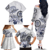 Polynesian Manta Ray Family Matching Off The Shoulder Long Sleeve Dress and Hawaiian Shirt Blue Floral Turtle Tattoo - Polynesian Pride