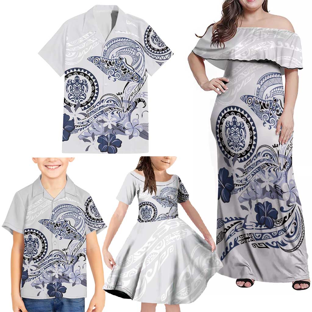 Polynesian Manta Ray Family Matching Off Shoulder Maxi Dress and Hawaiian Shirt Blue Floral Turtle Tattoo - Polynesian Pride