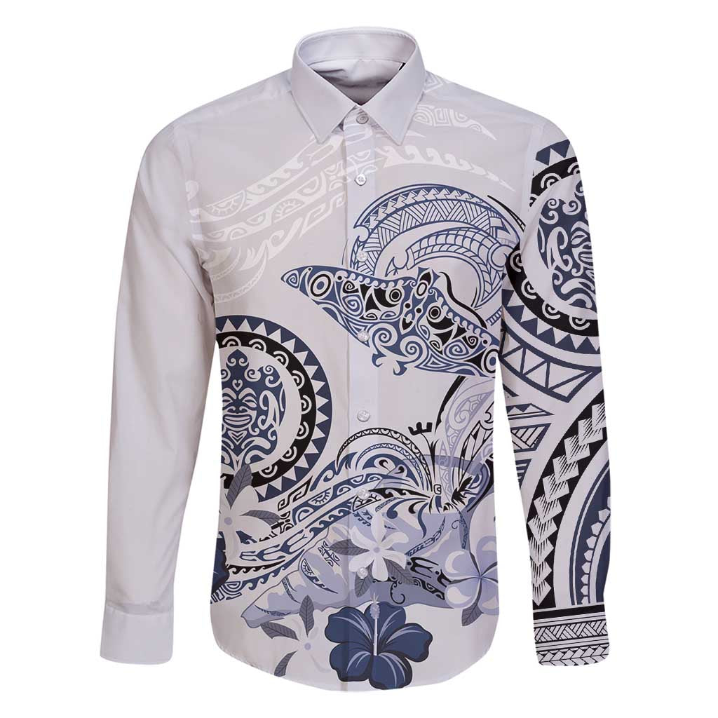 Polynesian Manta Ray Family Matching Off Shoulder Short Dress and Hawaiian Shirt Blue Floral Turtle Tattoo - Polynesian Pride