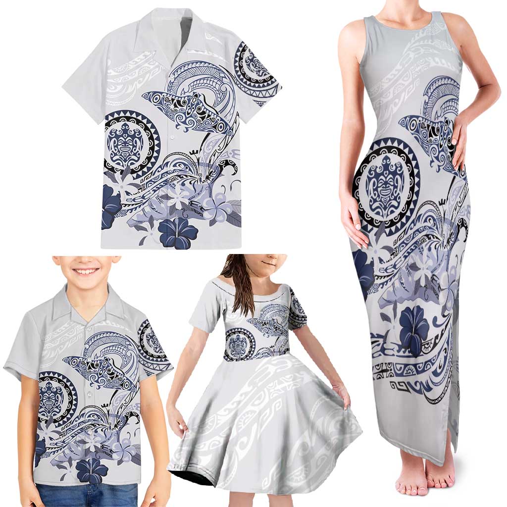Polynesian Manta Ray Family Matching Tank Maxi Dress and Hawaiian Shirt Blue Floral Turtle Tattoo - Polynesian Pride