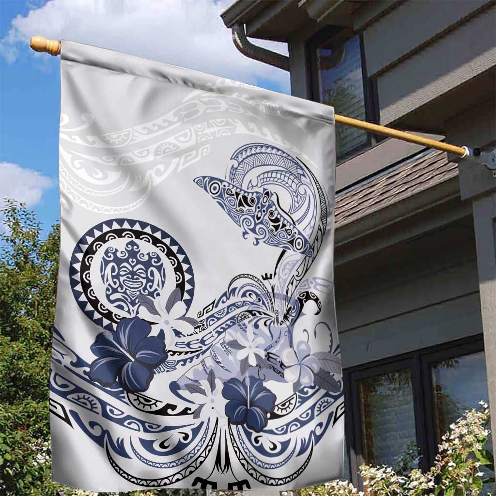 Polynesian Manta Ray Garden Flag Blue Floral Turtle Tattoo - Polynesian Pride