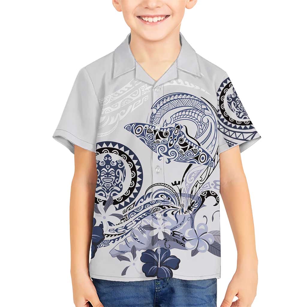 Polynesian Manta Ray Kid Hawaiian Shirt Blue Floral Turtle Tattoo - Polynesian Pride