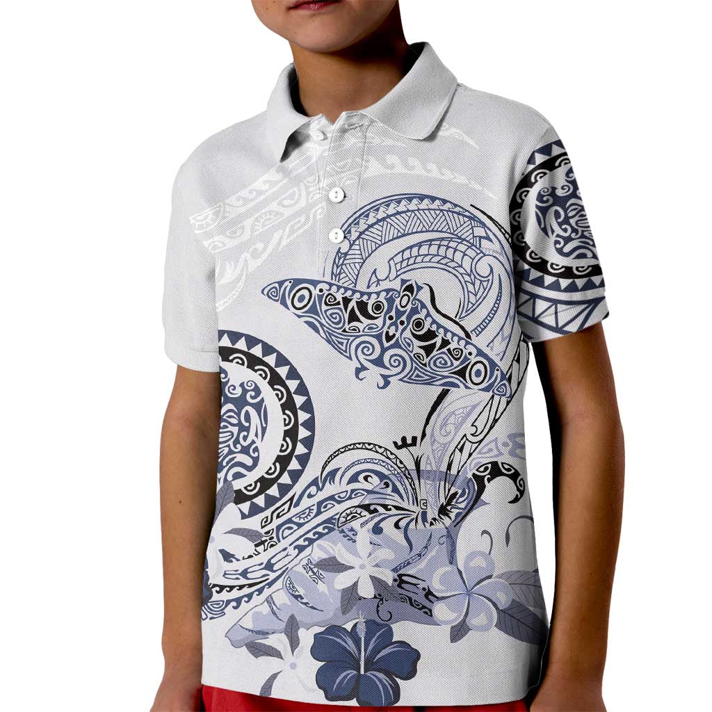 Polynesian Manta Ray Kid Polo Shirt Blue Floral Turtle Tattoo - Polynesian Pride