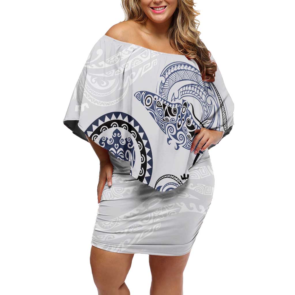Polynesian Manta Ray Off Shoulder Short Dress Blue Floral Turtle Tattoo - Polynesian Pride