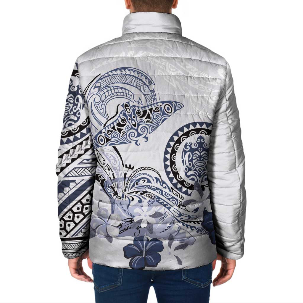 Polynesian Manta Ray Padded Jacket Blue Floral Turtle Tattoo - Polynesian Pride