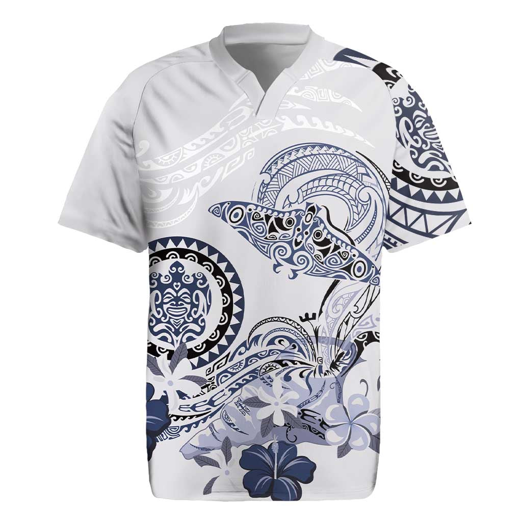 Polynesian Manta Ray Rugby Jersey Blue Floral Turtle Tattoo - Polynesian Pride