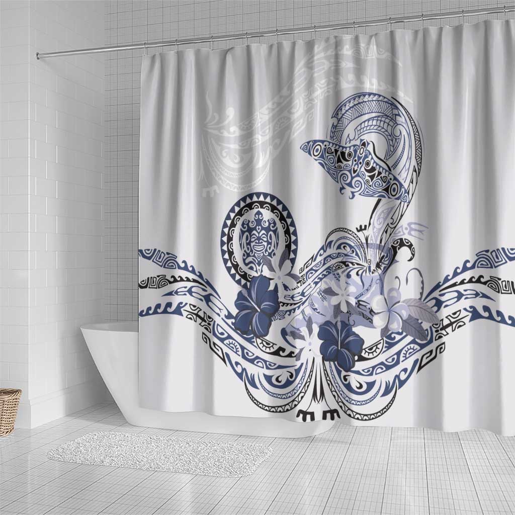 Polynesian Manta Ray Shower Curtain Blue Floral Turtle Tattoo - Polynesian Pride