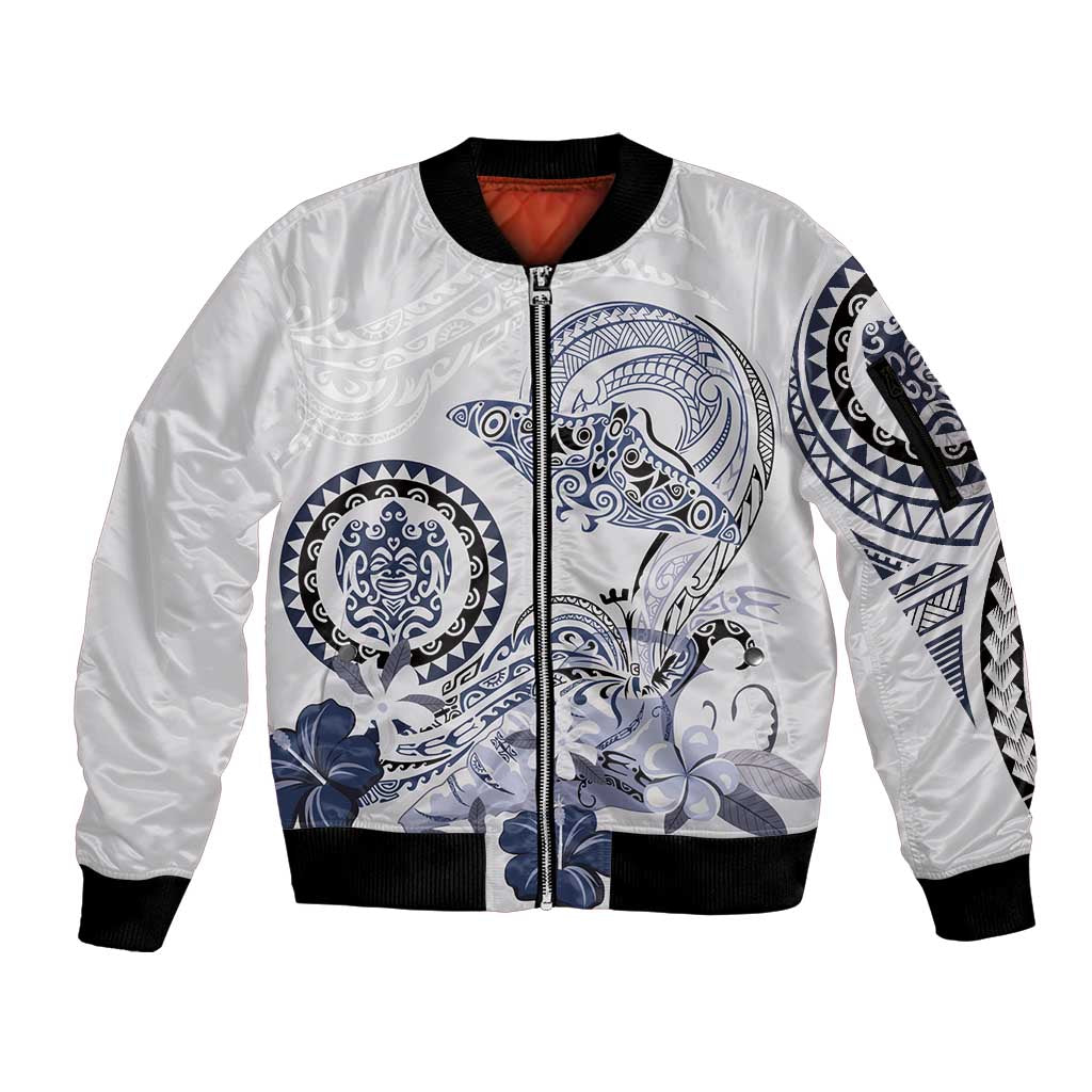 Polynesian Manta Ray Sleeve Zip Bomber Jacket Blue Floral Turtle Tattoo - Polynesian Pride