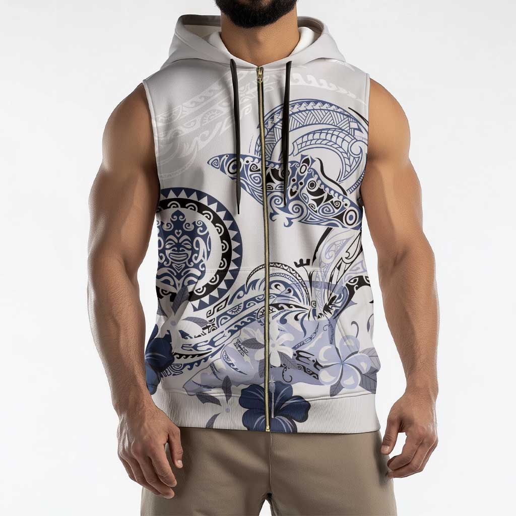 Polynesian Manta Ray Sleeveless Zip Hoodie Blue Floral Turtle Tattoo - Polynesian Pride