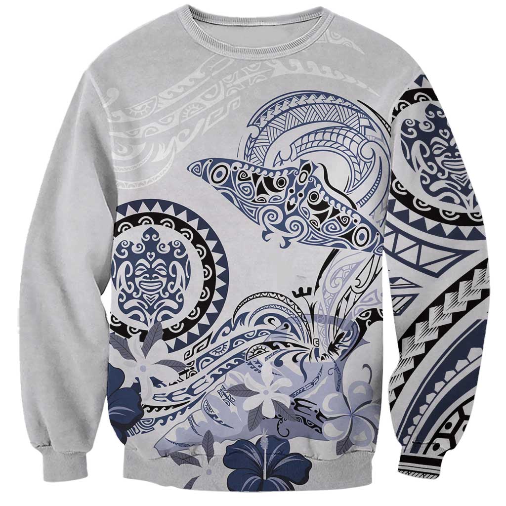 Polynesian Manta Ray Sweatshirt Blue Floral Turtle Tattoo - Polynesian Pride