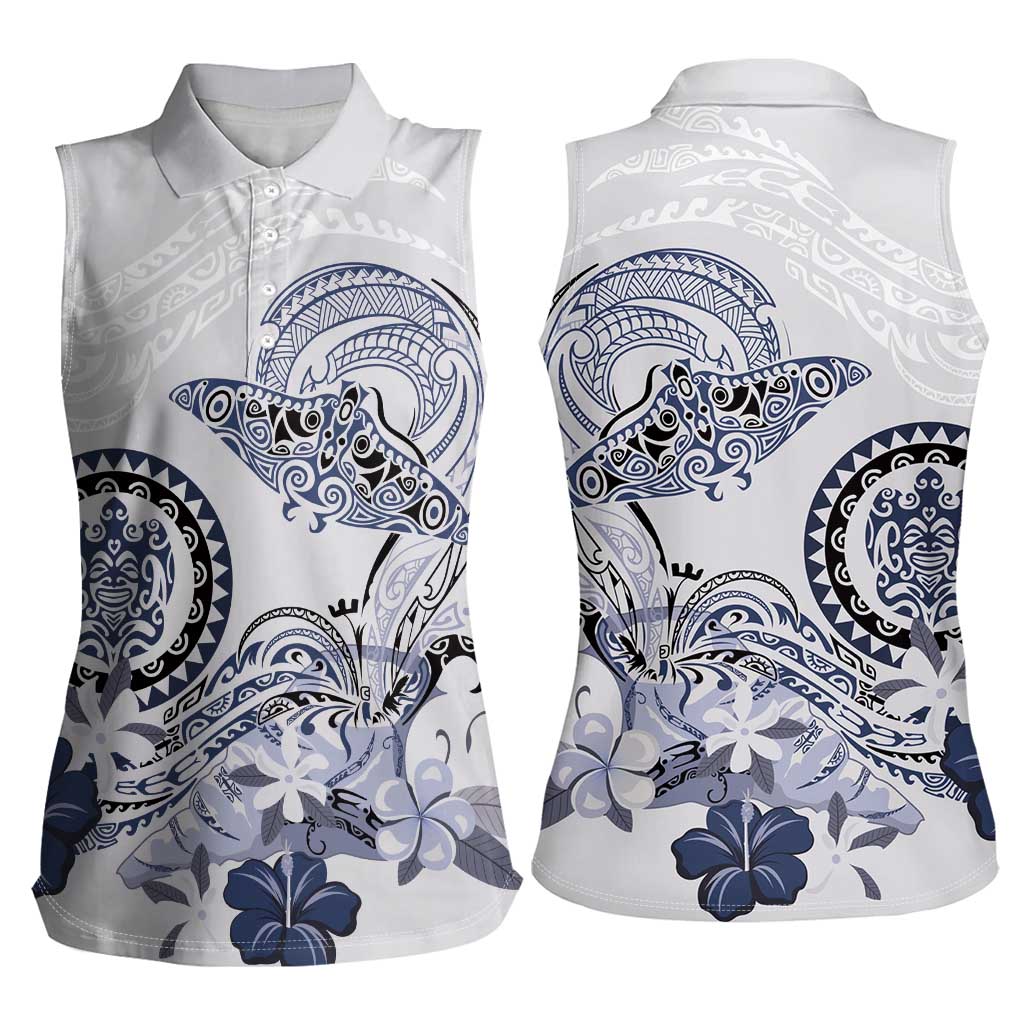 Polynesian Manta Ray Women Sleeveless Polo Shirt Blue Floral Turtle Tattoo - Polynesian Pride