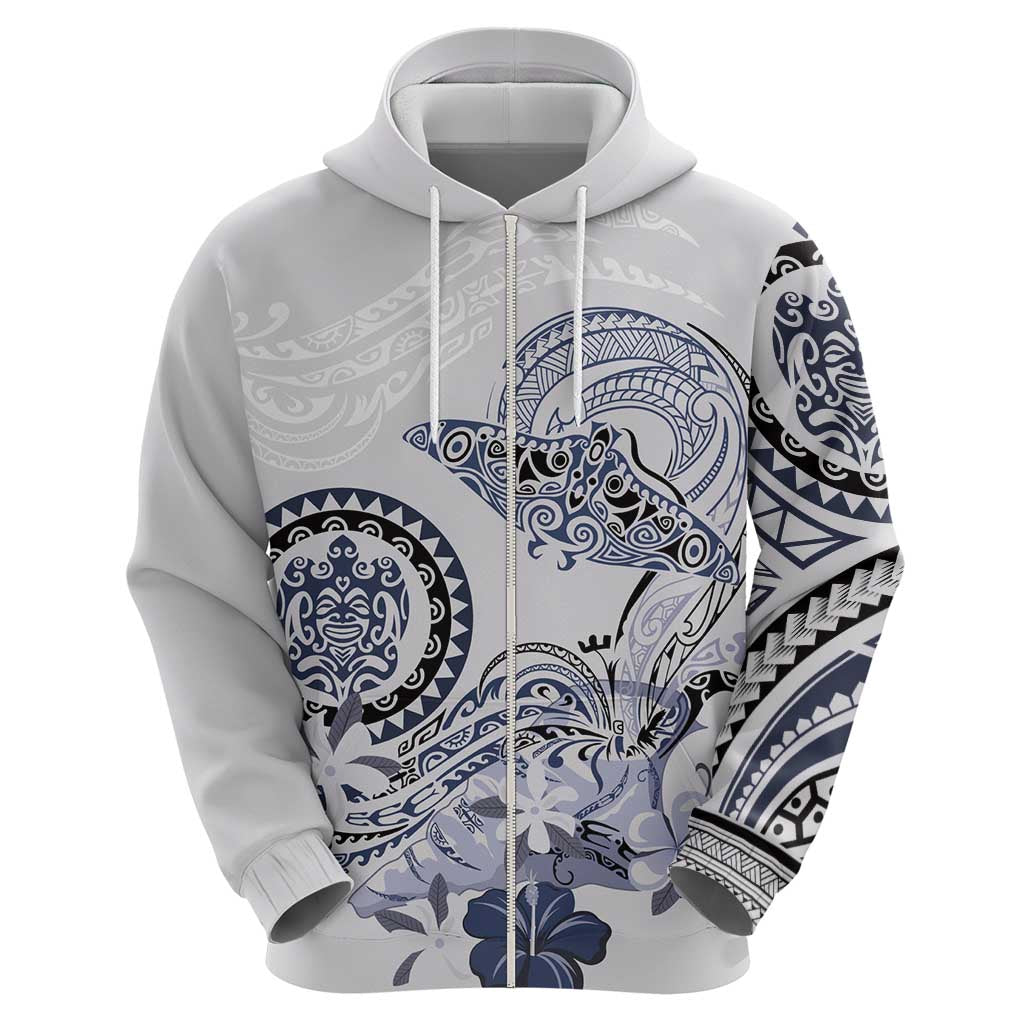 Polynesian Manta Ray Zip Hoodie Blue Floral Turtle Tattoo - Polynesian Pride