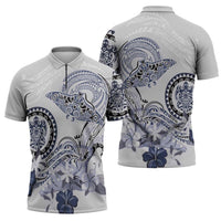 Polynesian Manta Ray Zipper Polo Shirt Blue Floral Turtle Tattoo - Polynesian Pride