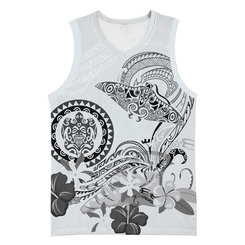 Polynesian Manta Ray Basketball Jersey Gray Floral Turtle Tattoo - Polynesian Pride