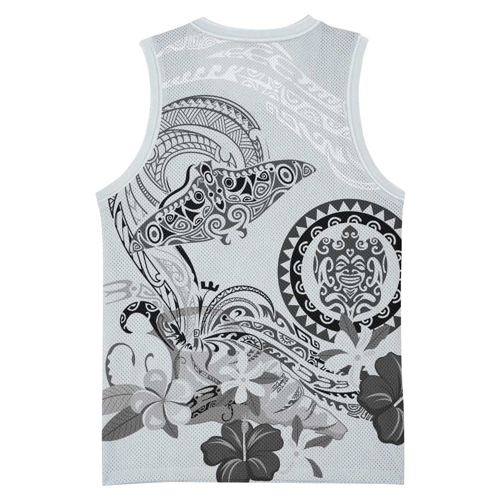 Polynesian Manta Ray Basketball Jersey Gray Floral Turtle Tattoo - Polynesian Pride