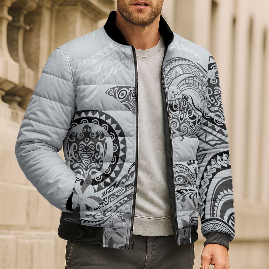 Polynesian Manta Ray Bomber Puffer Jacket Gray Floral Turtle Tattoo - Polynesian Pride