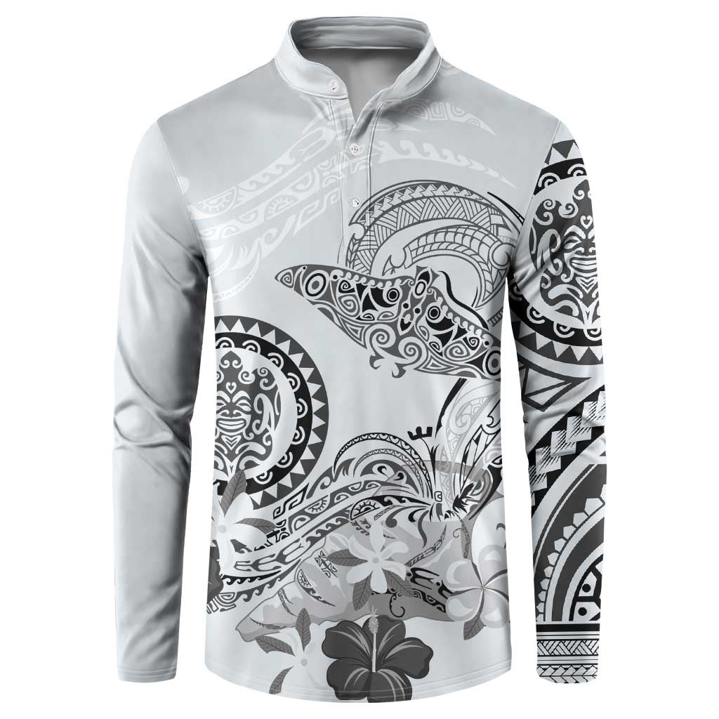 Polynesian Manta Ray Button Sweatshirt Gray Floral Turtle Tattoo - Polynesian Pride