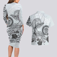 Polynesian Manta Ray Couples Matching Long Sleeve Bodycon Dress and Hawaiian Shirt Gray Floral Turtle Tattoo - Polynesian Pride