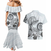 Polynesian Manta Ray Couples Matching Mermaid Dress and Hawaiian Shirt Gray Floral Turtle Tattoo - Polynesian Pride