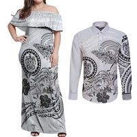 Polynesian Manta Ray Couples Matching Off Shoulder Maxi Dress and Long Sleeve Button Shirt Gray Floral Turtle Tattoo - Polynesian Pride