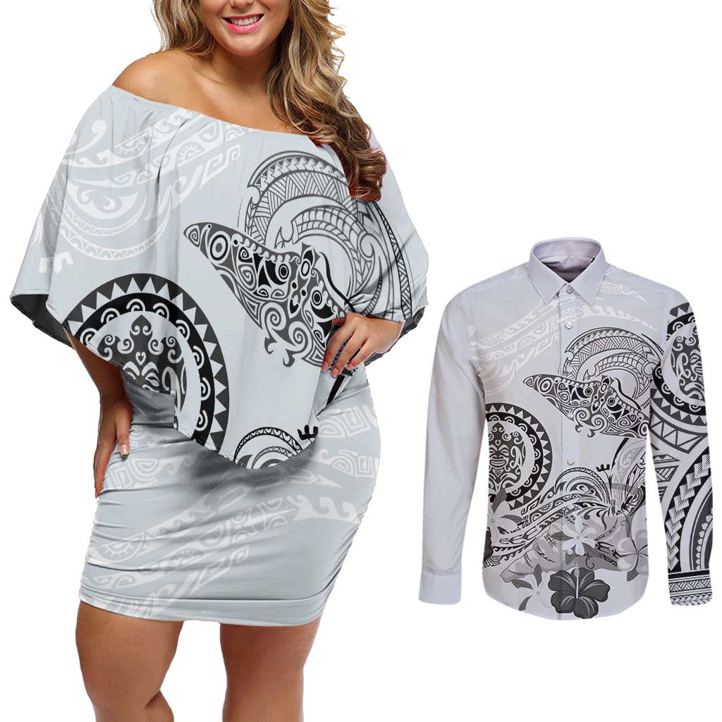 Polynesian Manta Ray Couples Matching Off Shoulder Short Dress and Long Sleeve Button Shirt Gray Floral Turtle Tattoo - Polynesian Pride