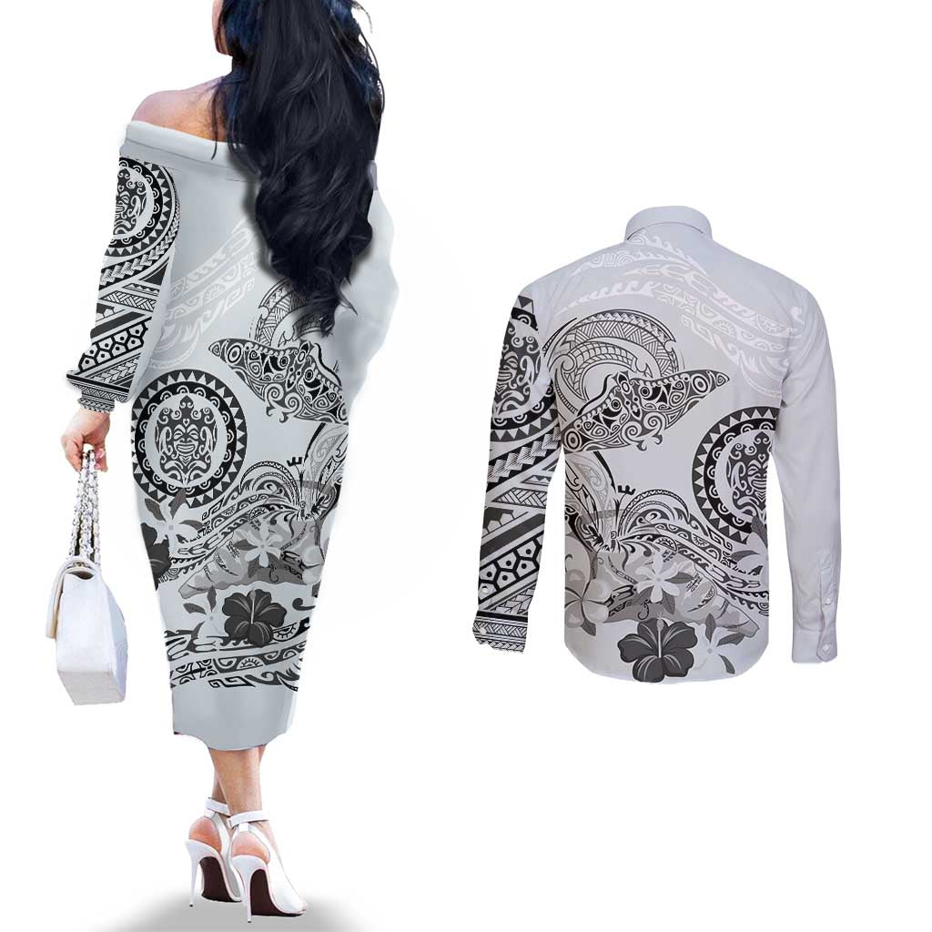 Polynesian Manta Ray Couples Matching Off The Shoulder Long Sleeve Dress and Long Sleeve Button Shirt Gray Floral Turtle Tattoo - Polynesian Pride
