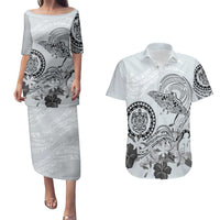 Polynesian Manta Ray Couples Matching Puletasi and Hawaiian Shirt Gray Floral Turtle Tattoo - Polynesian Pride