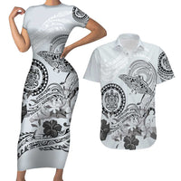 Polynesian Manta Ray Couples Matching Short Sleeve Bodycon Dress and Hawaiian Shirt Gray Floral Turtle Tattoo - Polynesian Pride